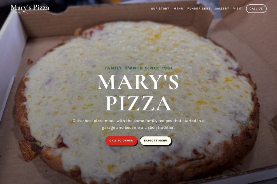 Screenshot of the Mary's Pizza website homepage